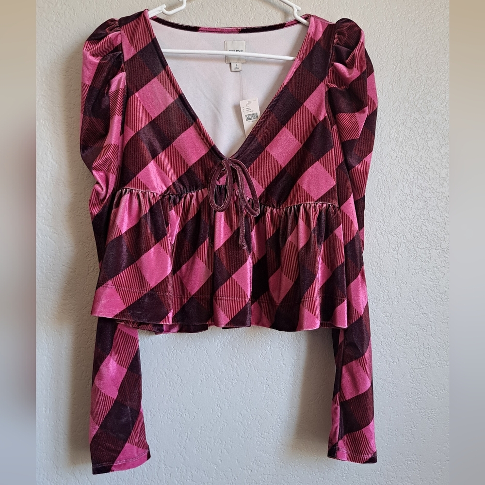 NWT Maeve Pink Plaid Puff Shoulder Velvet Babydoll Longsleeve Top Size Small